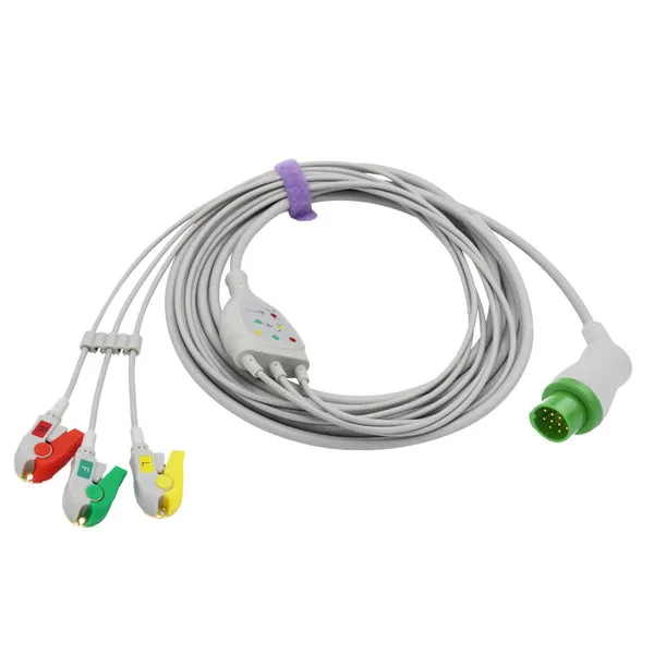 Compatible Biolight ECG Cable 3 Lead Wires IEC 12 Pin Pinch/Grabber Connector 1